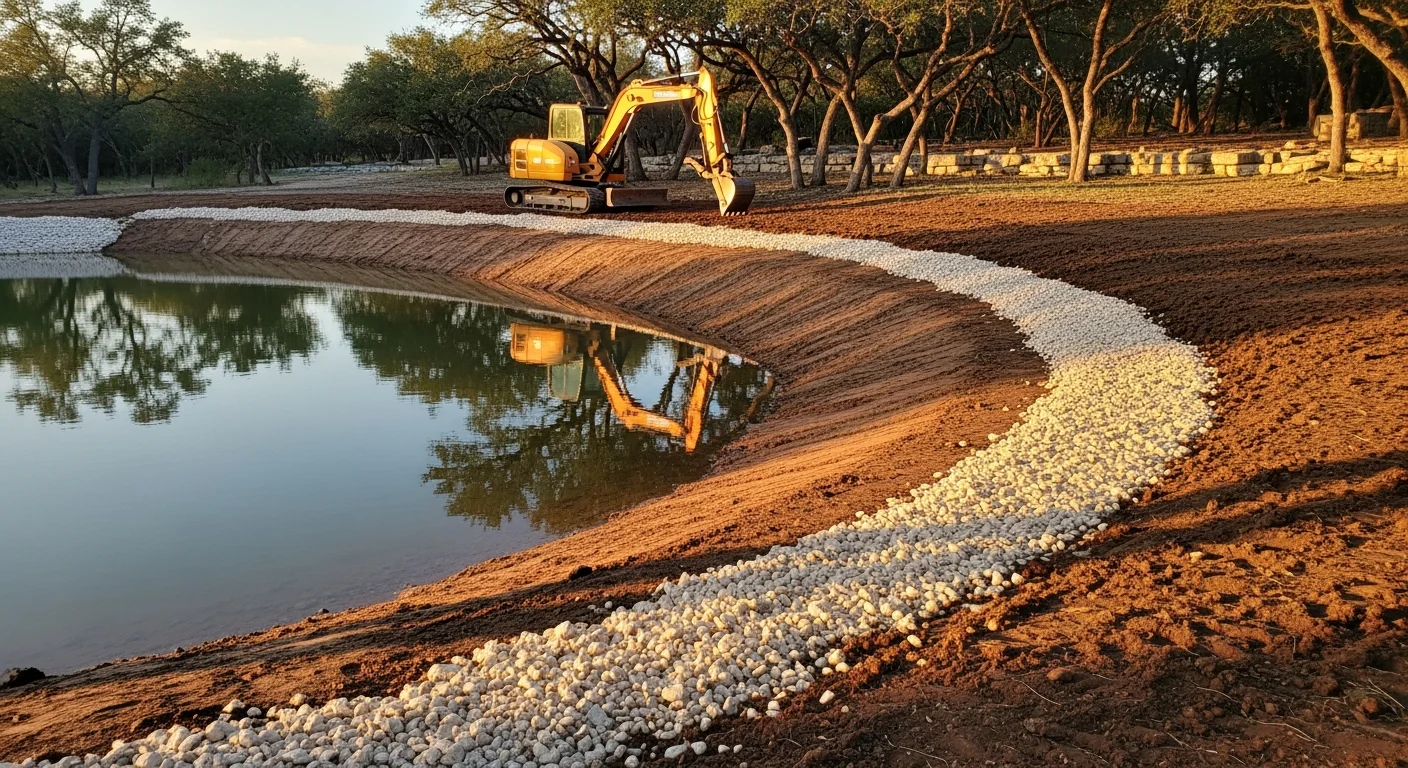 Newly constructed pond with graded banks on rural property