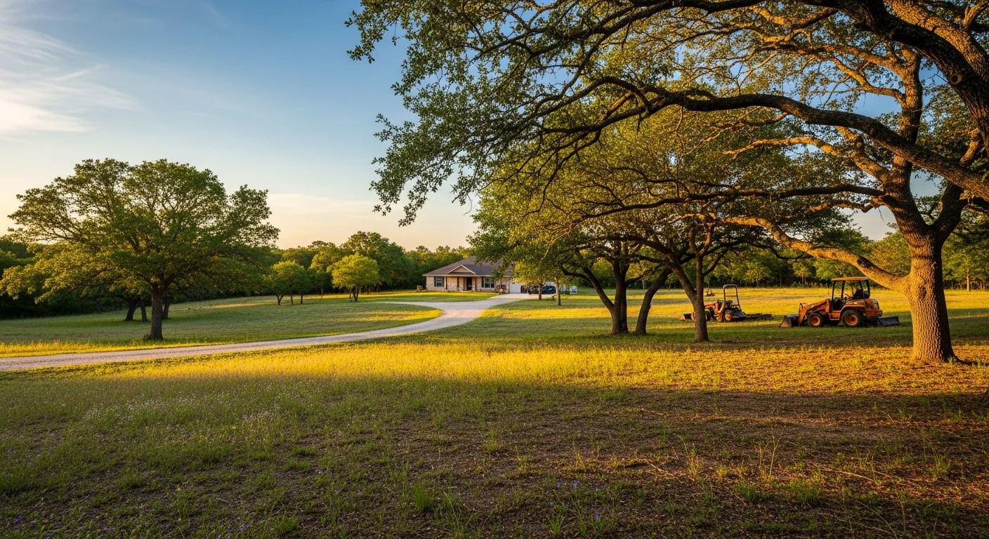 Wide view of a residential property in rural Austin County with open land and mature trees in the background.