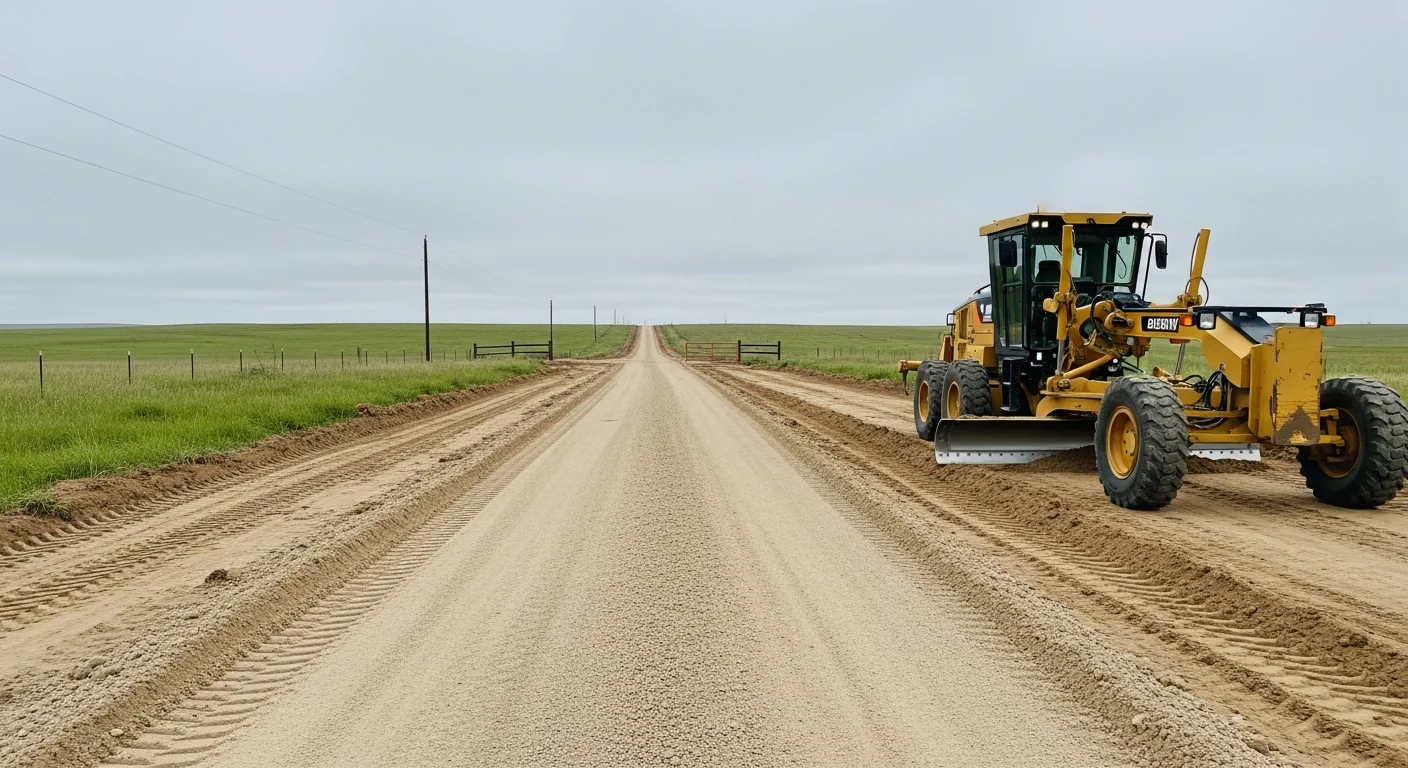 A freshly graded gravel access road cutting through open pasture on a rural Austin County, Texas tract, with a metal gate visible at the road entrance and rolling tree lines in the background. The road base is compacted and crowned for drainage, leading toward a barn structure in the distance.