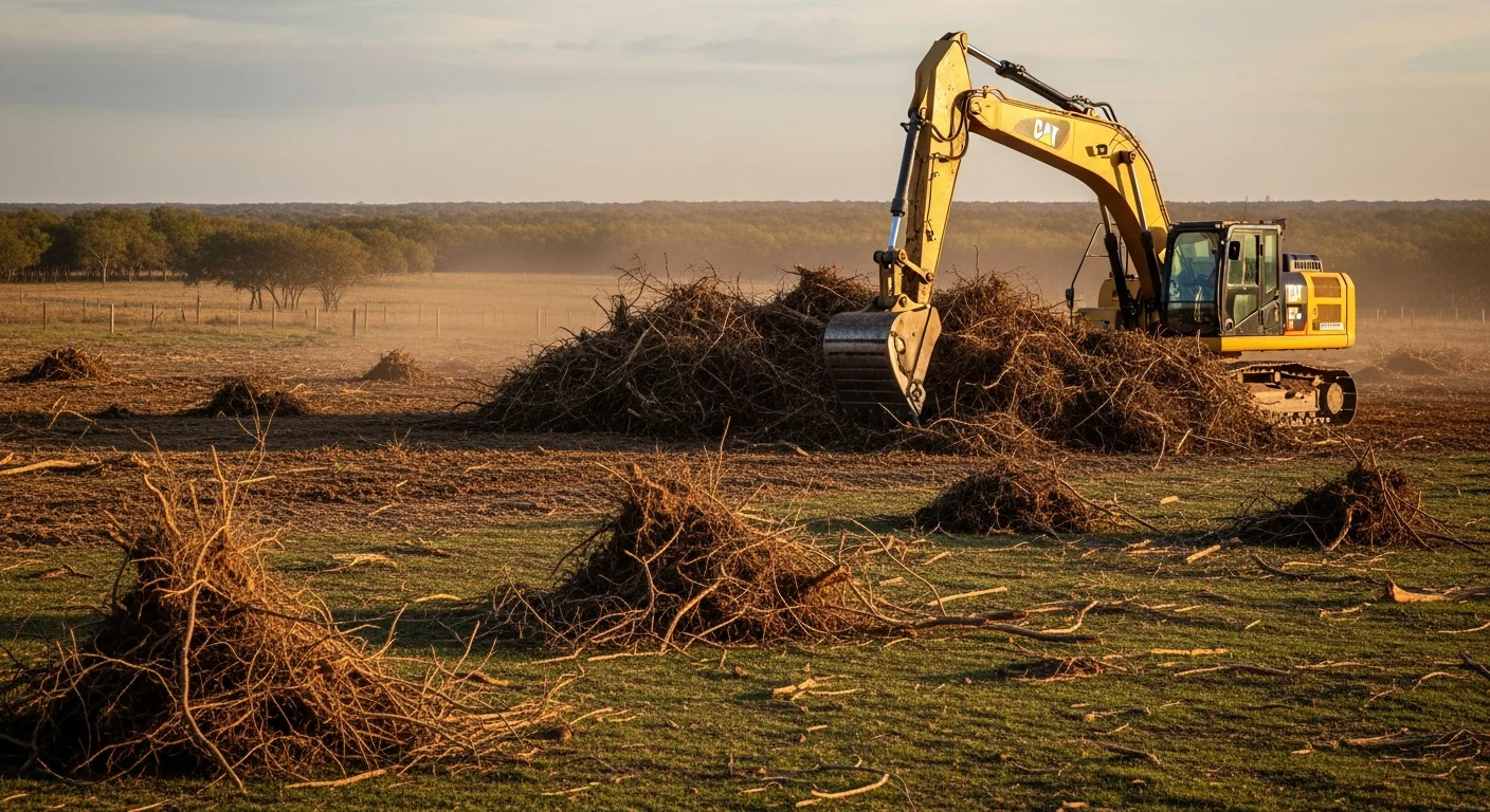 A cleared Austin County ranch pasture after brush and vegetation removal, with open grazing land visible and a fence line free of invasive scrub growth. Heavy equipment from Lone Star Land and Iron sits at the edge of the cleared area near a wooded property boundary.