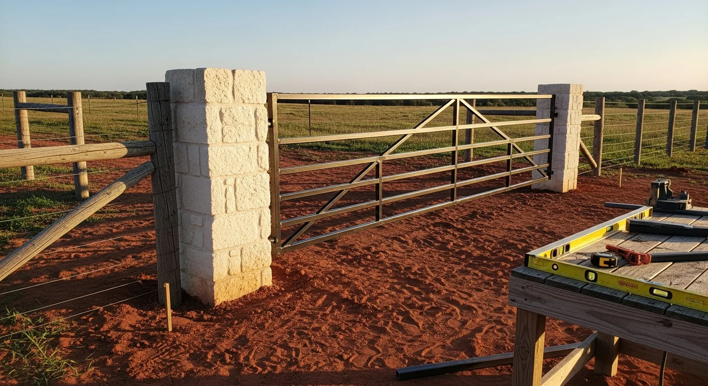A custom fabricated metal driveway gate installed at the entry of a rural ranch property in Austin County, Texas. The gate spans a wide gravel drive with open pasture and mature trees visible in the background.