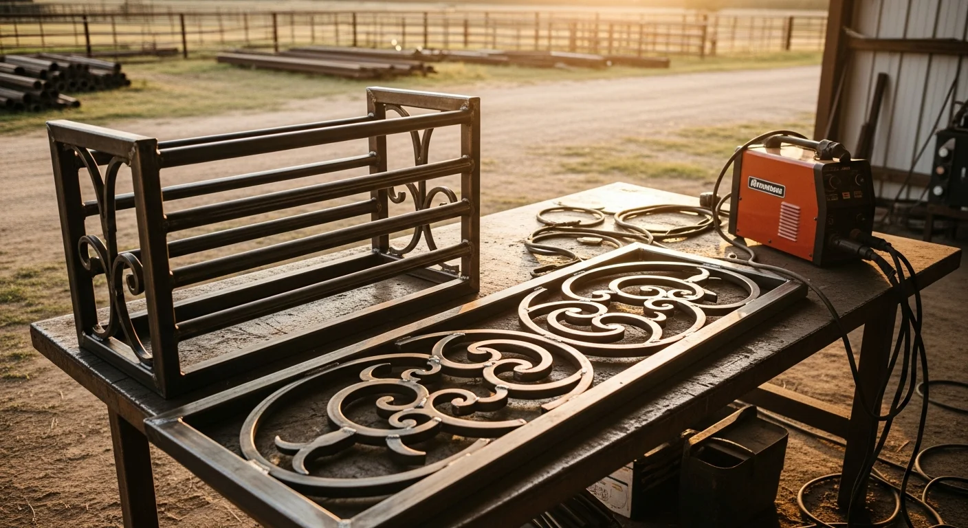 A custom-welded metal entry gate installed on a rural property in Austin County, Texas, with a cattle fence line running along a flat pasture in the background. The gate frame shows clean welds and a dark metal finish suited to ranch and residential use in the region.