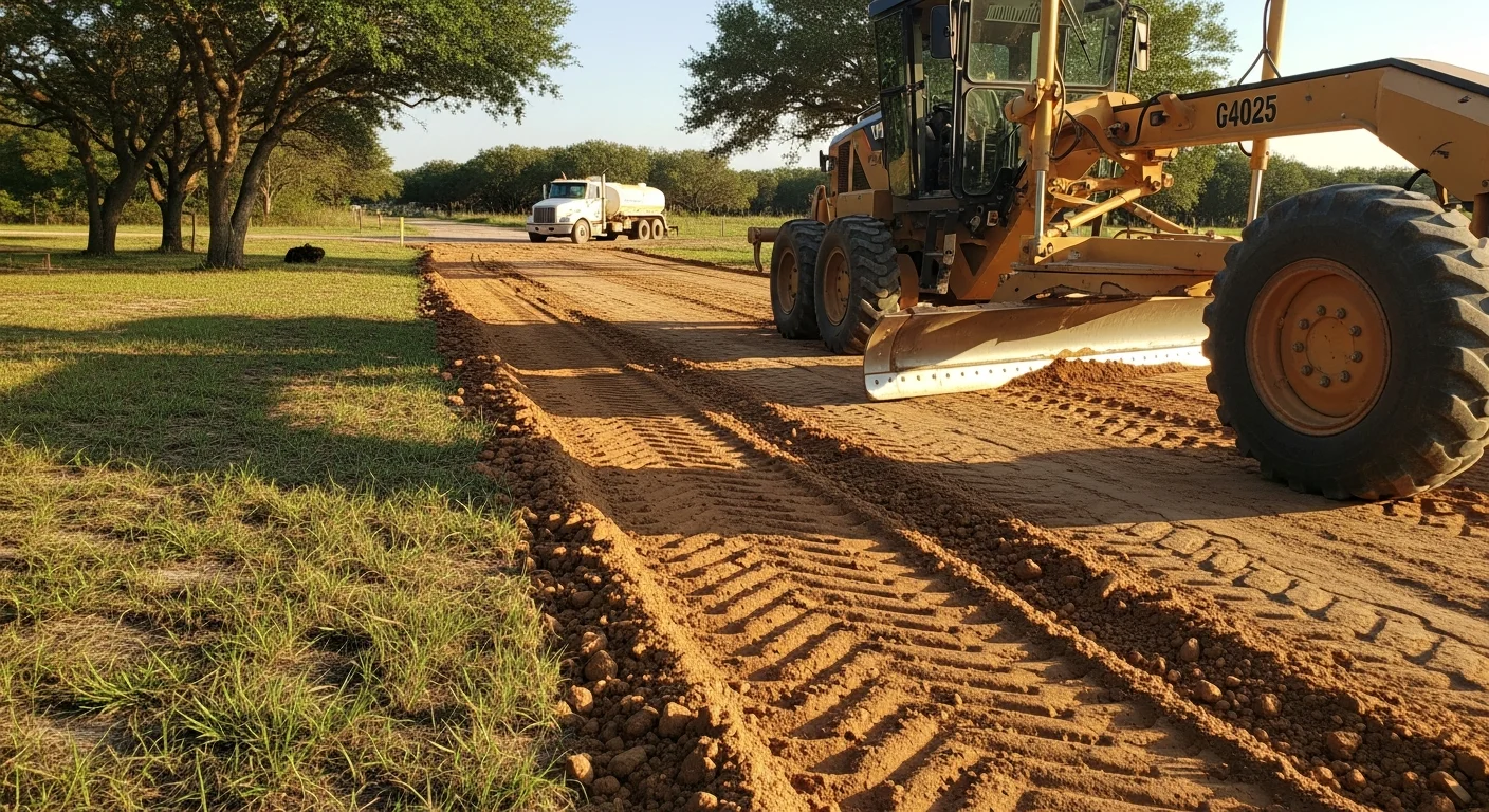 A freshly graded rural driveway in Austin County, Texas, showing a smooth, evenly sloped surface with compacted soil and clear drainage fall to both sides. Heavy equipment tracks are visible at the edge, indicating recent grading work on a residential or farm access road.