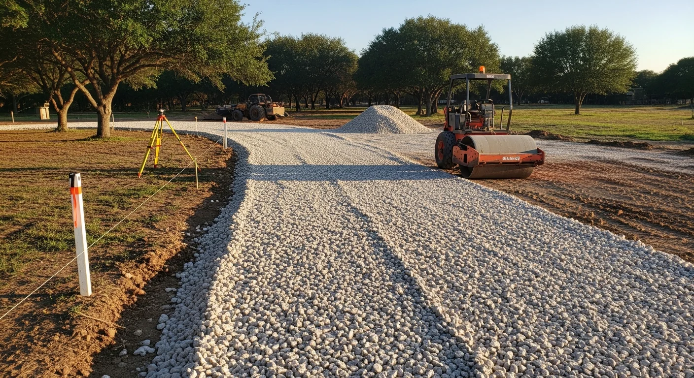 A freshly installed gravel and compacted base driveway on a rural Austin County, Texas property, with flat open land and a clear path leading to a residential structure. The driveway surface is level and graded to direct water away from the entry.