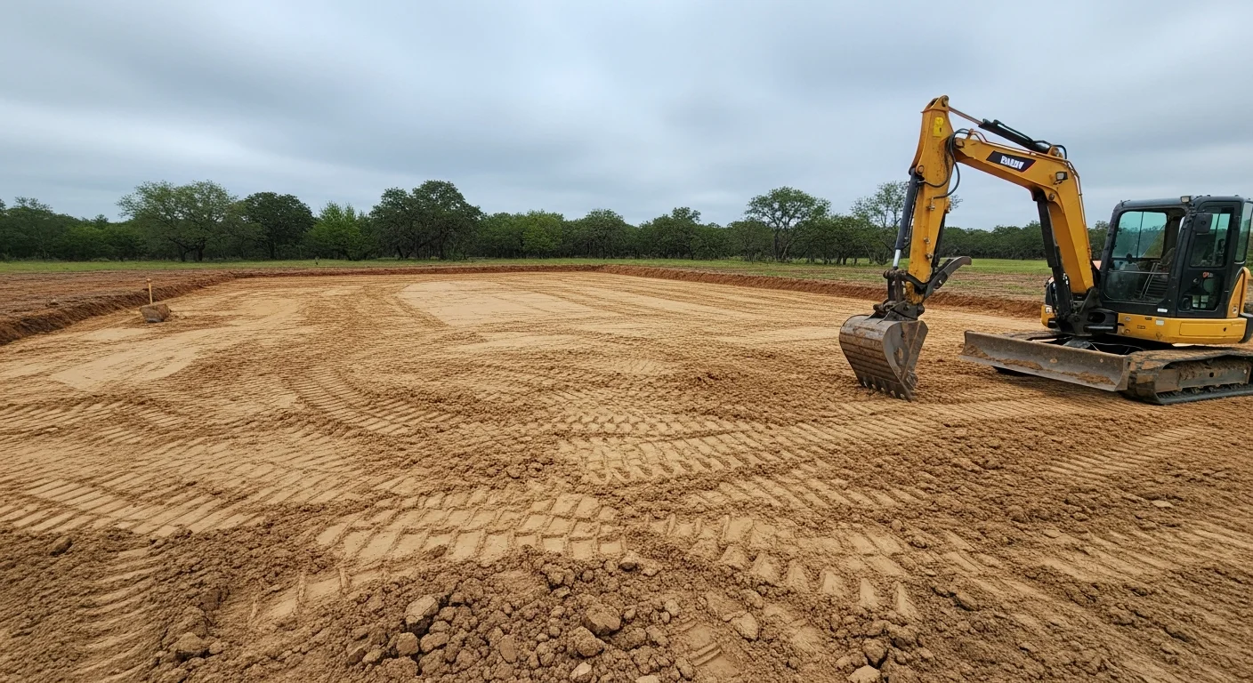 A tracked excavator digging a building pad on a rural Austin County, Texas property with cleared land and clay soil visible in the foreground. The site is graded and staged for foundation work on an open lot.