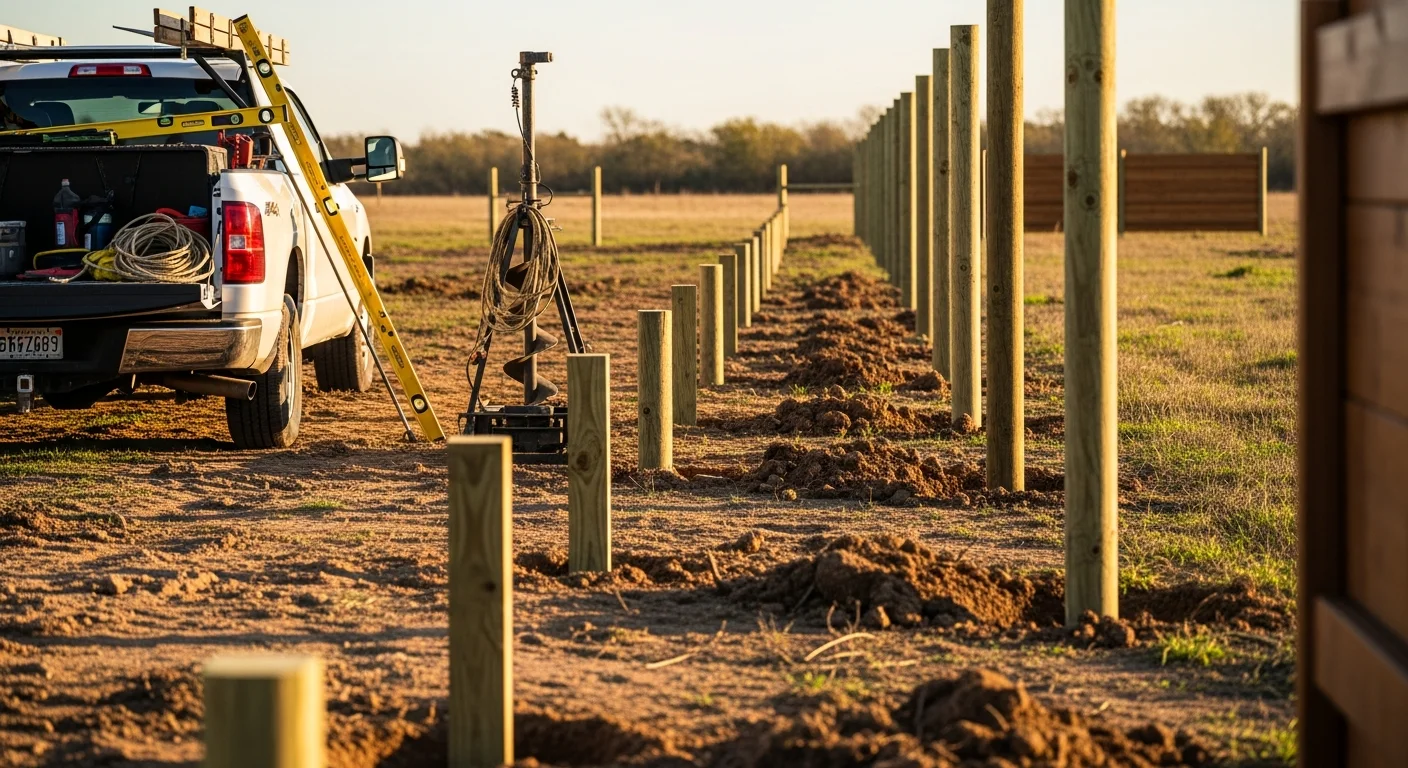 A newly installed wooden privacy fence on a residential property in Austin County, Texas, with posts set in concrete footings along a grassy backyard boundary. A metal gate is centered in the fence line with hardware visible and the surrounding landscape showing typical Central Texas terrain.