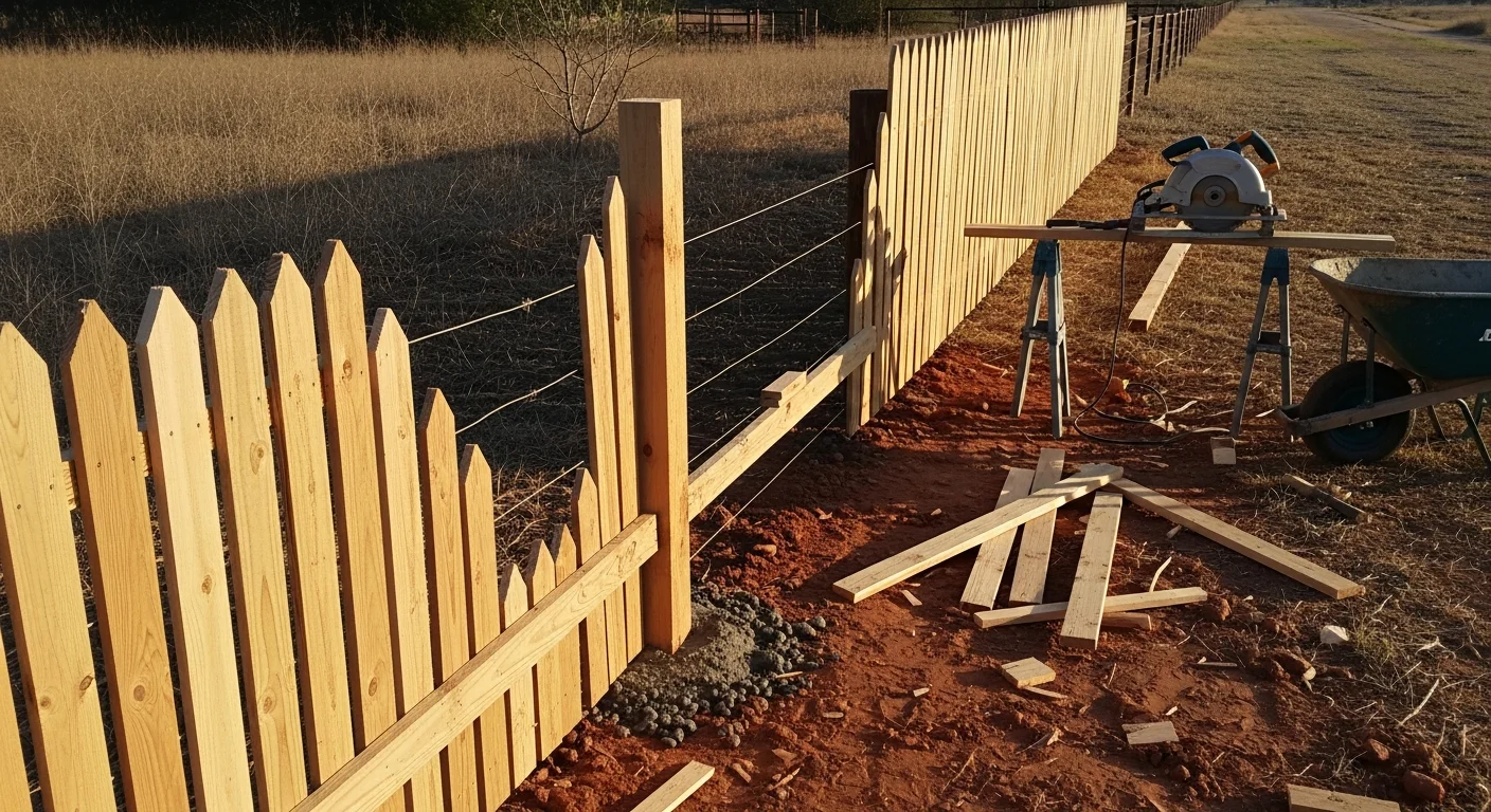 A repaired wood privacy fence with straight posts and new boards on an Austin County residential property. A freshly reset corner post sits plumb in clay soil with a clean concrete footing visible at the base.