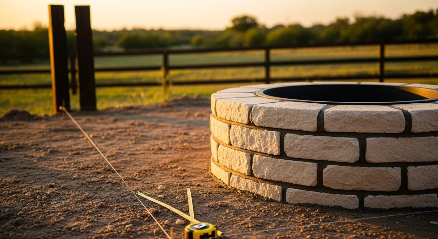 A completed custom masonry fire pit built by Lone Star Land and Iron on a residential property in Austin County, Texas. The fire pit features non-combustible stone construction with a cleared seating area and a wood privacy fence visible in the background.