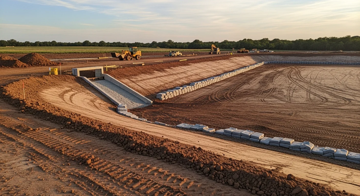 A newly constructed private lake on a rural Austin County, Texas property, with a graded earthen dam, shaped shoreline, and open water reflecting a clear sky. Heavy equipment tracks are visible along the compacted bank, showing recent excavation and earthwork completion.