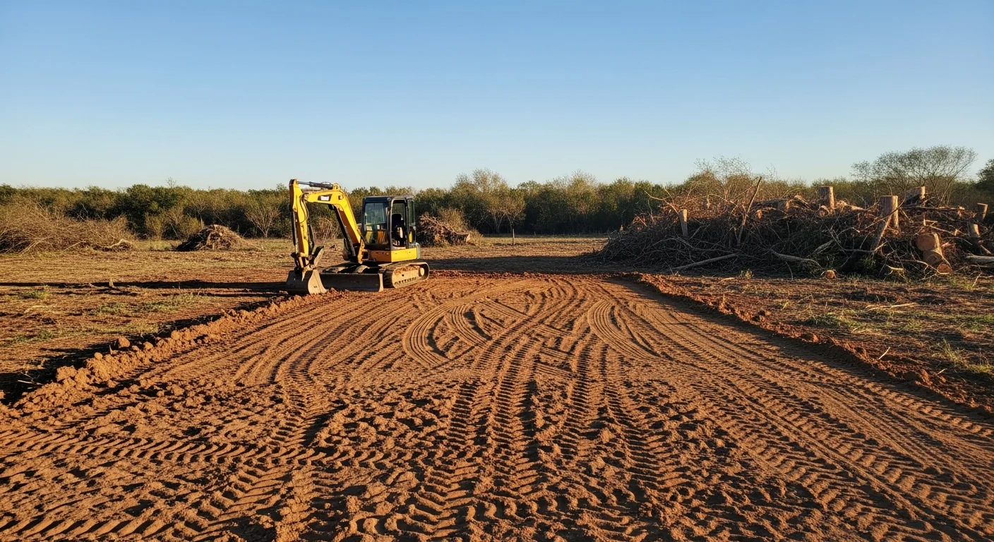 A cleared Austin County, Texas property showing bare, level ground with removed brush and tree stumps, ready for construction or pasture use. Heavy excavation equipment is visible at the edge of the cleared site.