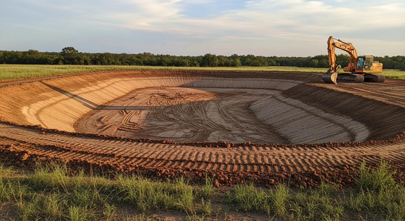 A newly constructed earthen pond on a rural Austin County, Texas property, with gently sloped banks, a grass-lined spillway, and open pasture land in the background. The still water reflects the wide Texas sky, with cattle visible near the pond's edge.