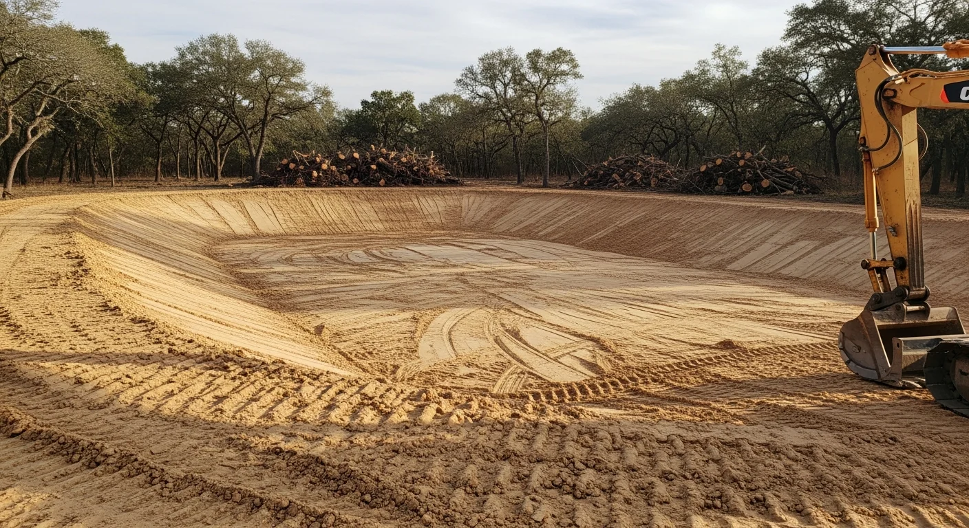 A cleared and graded pond basin on an Austin County, Texas property, with compacted earthen banks and exposed sandy loam soil ready for pond construction. Heavy equipment tracks are visible along the shaped basin floor, showing completed excavation and grading work by Lone Star Land and Iron.