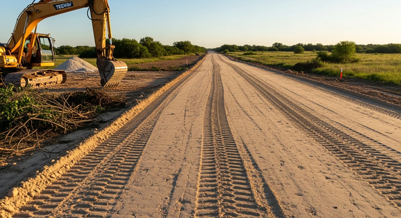 A freshly graded right-of-way corridor cut through rural pastureland in Austin County, Texas, with cleared brush edges and a prepared roadbed ready for base course installation. Rolling terrain and open sky typical of the Bellville and Sealy area are visible in the background.