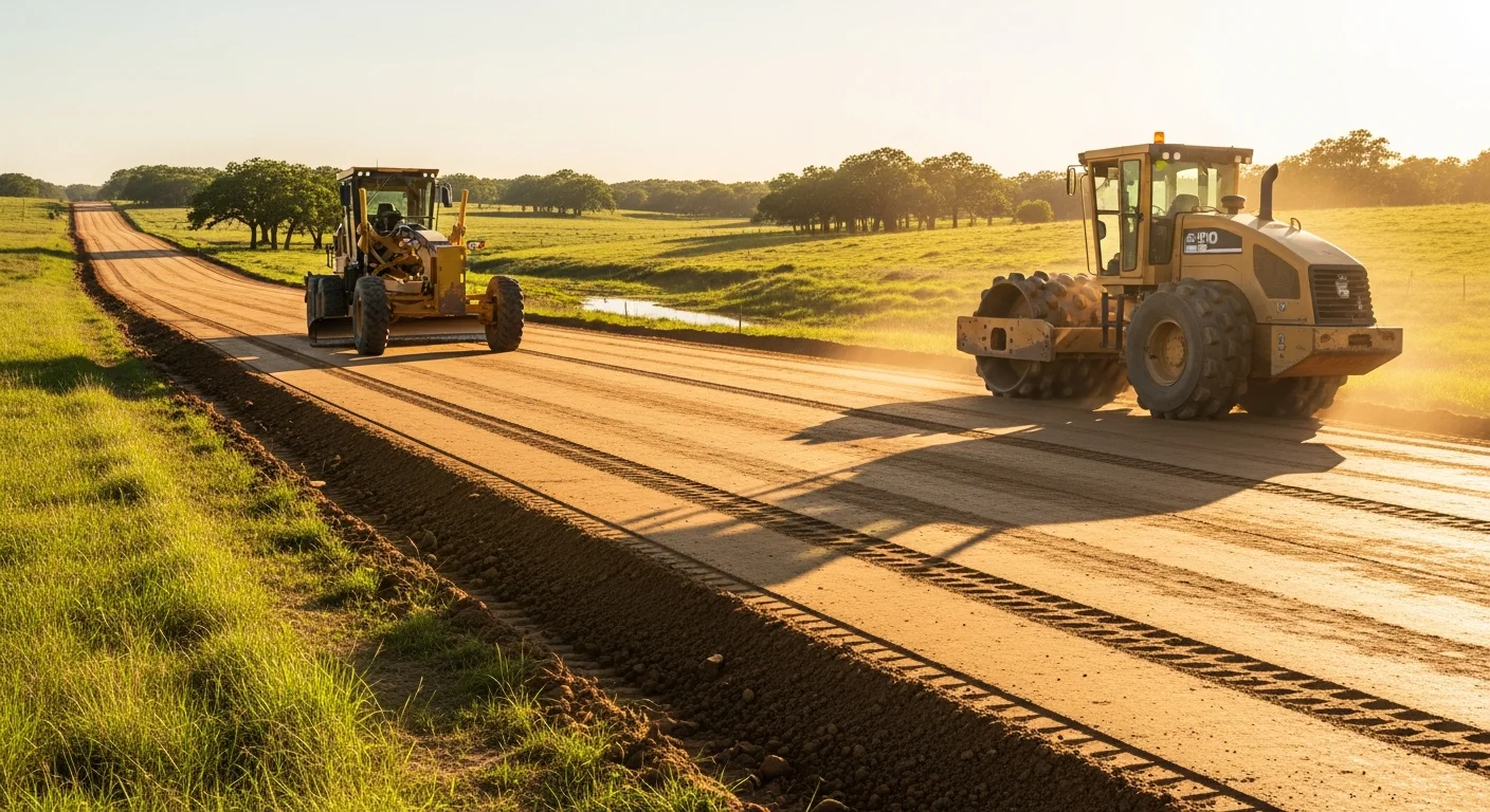 A freshly graded and compacted rural road cutting through open pasture on a large agricultural tract in Austin County, Texas. The road surface is smooth and level with visible drainage slope, surrounded by rolling terrain and native grasses.