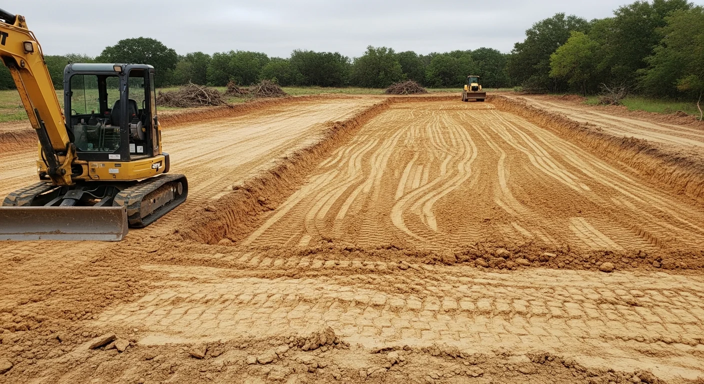 A tracked excavator grading a cleared rural lot in Austin County, Texas, with exposed clay soil leveled into a flat building pad. The surrounding land shows recently removed brush and a defined drainage slope along the property edge.