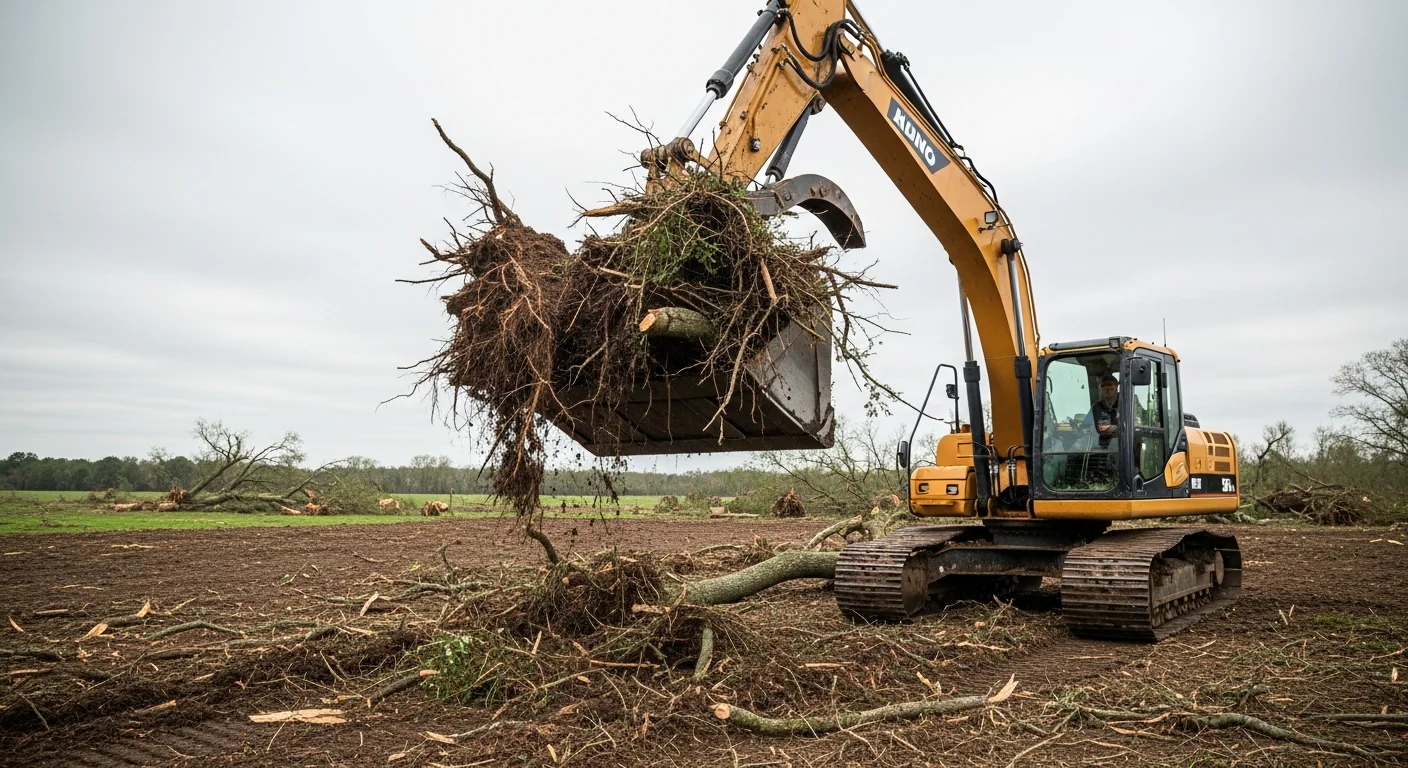 An excavator loading large storm-downed trees and scattered brush onto a haul truck on a rural Austin County property after a severe thunderstorm. The cleared area shows open pasture land with debris removed from the field and access path.